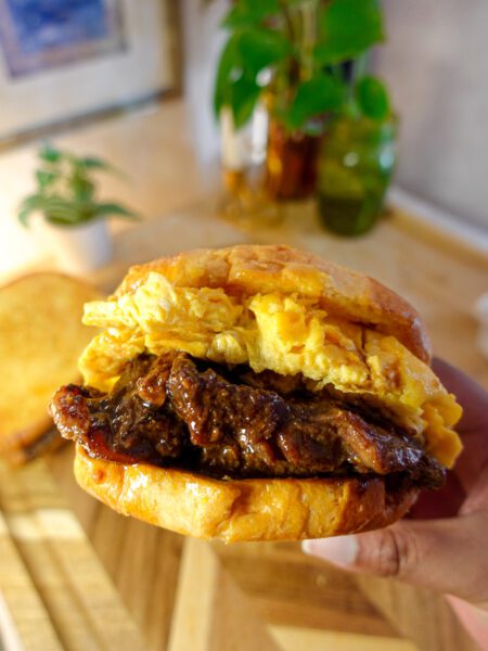 miso honey steak egg sando